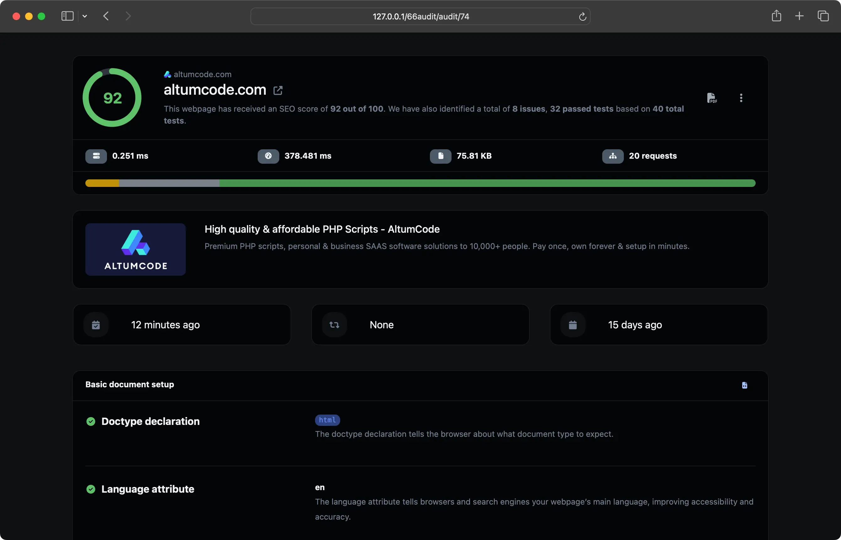 Captura de pantalla del panel de la aplicación